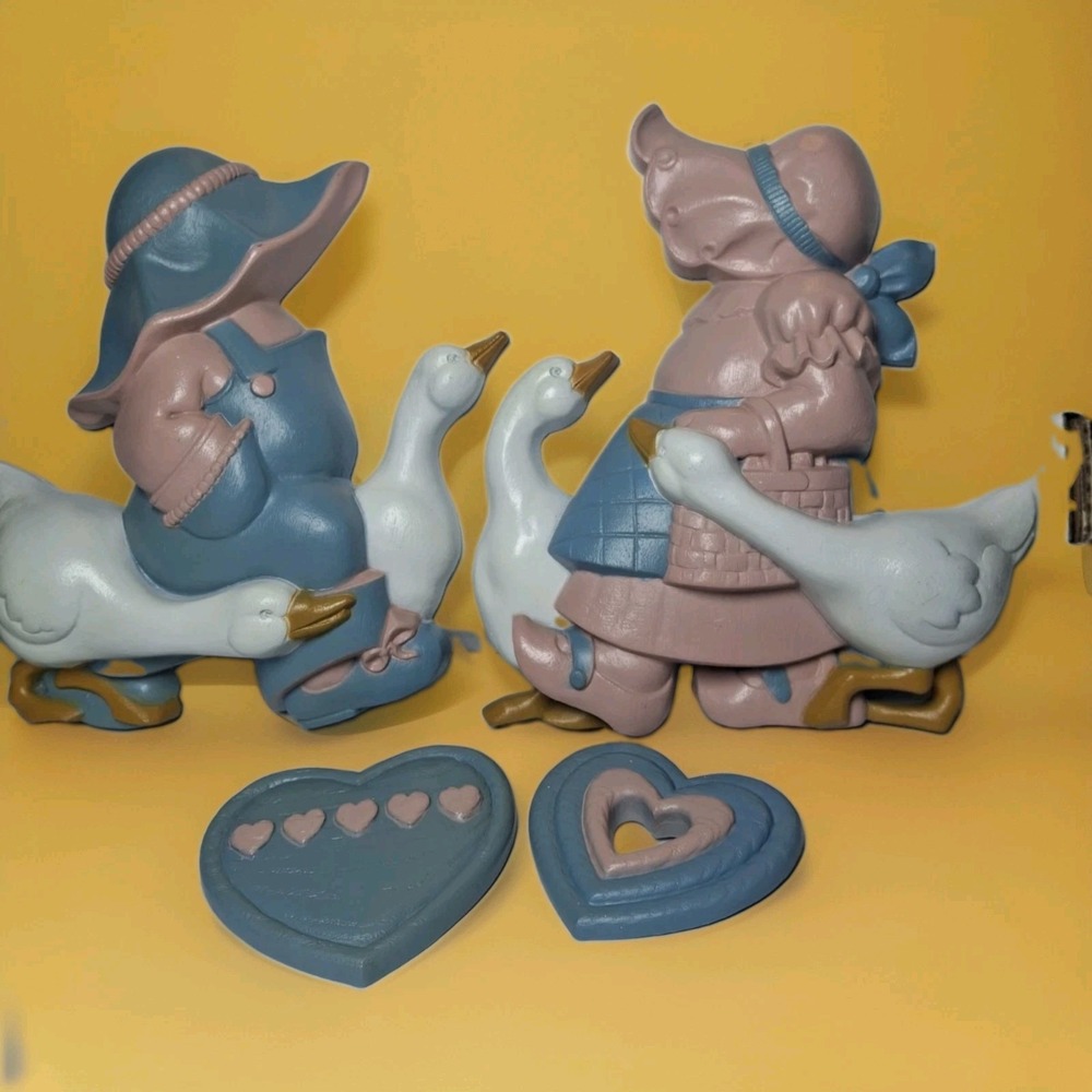 Vintage Burwood 1978 Grandma Grandpa Goose Wall Plaques Blue Pink Set of 4